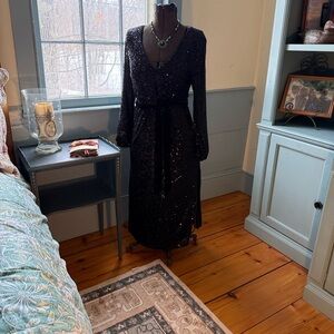 Betsey Johnson Dramatic Black Sequin Dress with velvet belt Pink Label